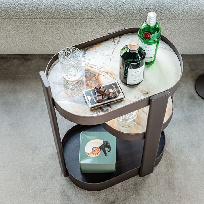 Tonic, Carrello Bar a 3 Livelli in Ceramica e Legno