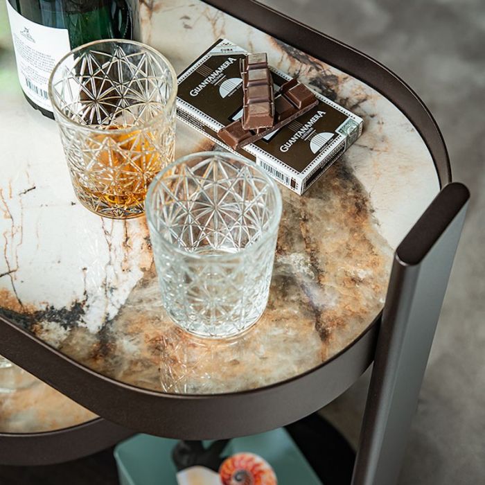 Tonic, Carrello Bar a 3 Livelli in Ceramica e Legno